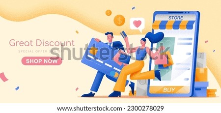 Great discount for online shopping banner. People walking out from a giant phone carrying shopping bags and credit cards