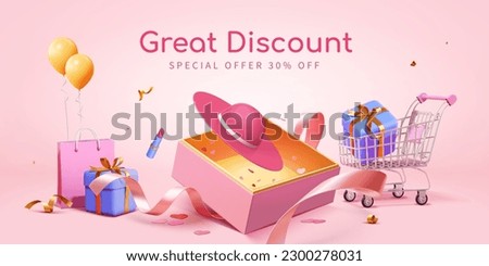3D surprise sale advertising poster. Pink hats popping out from surprise box with unwrapped ribbon under, surrounded by shopping cart with gift, shopping bag, balloons, lipstick, and gift.