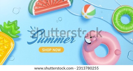 Summer sale promotion online shopping ad template. Top view of ball, flamingo swimming ring and tropical fruit lilos floating on water.