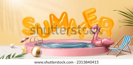 Fancy pool party sale promotion poster. Orange SUMMER balloon text floating on pink swimming pool with flamingo inflatable ring and pool party object.