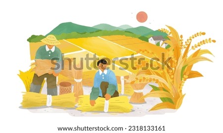 Hand drawn style farmers ties up grain stalks into sheaf in rice field. Beautiful view of sunset among village around paddy, and mountains.