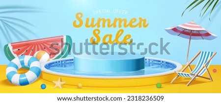 Summer sale promotion template with display podium in swimming pool surrounded by beach objects. Including watermelon lilo bed, inflatable ring, beach ball, beach chair and parasol.