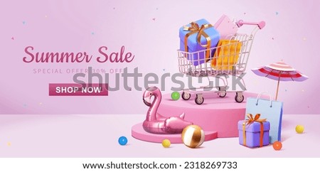 Pink theme summer sale promotion template. Shopping cart with gift and bags on display podium surrounded by flamingo pool float, beach ball, present, shopping bag and parasol.