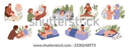 Flat design relaxing spa and massage service set isolated on white background. Women enjoying spa, hot spring, foot bath and massage treatment.