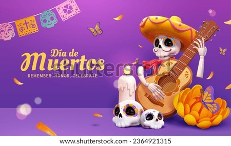 3D Day of the dead poster. Skeleton in sombrero playing the guitar with marigold petals falling around. Purple background decorated with papel picado, candle and sugar skulls.