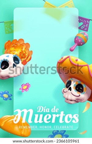 3D Day of the Dead glassmorphism background template. Skulls, maracas, marigold, pan de muerto, and flowers in front of glass overlay on cyan background.