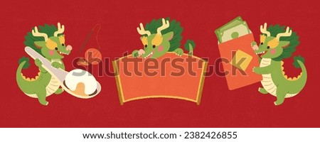Adorable cartoon CNY dragons with tang yuan, scroll and red envelope isolated on red background.