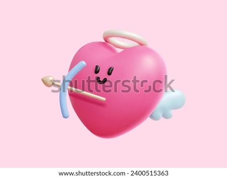3D Valentine day love shape cupid with halo, wings, and arrow isolated on light pink background.