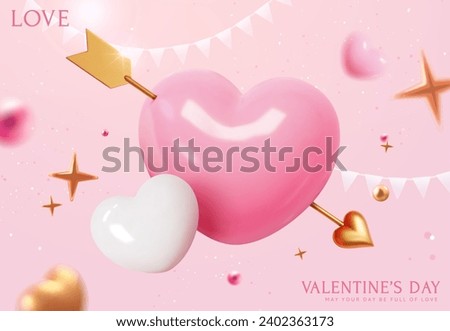 3D pink heart with golden arrow on light pink background with hearts and festive decors.