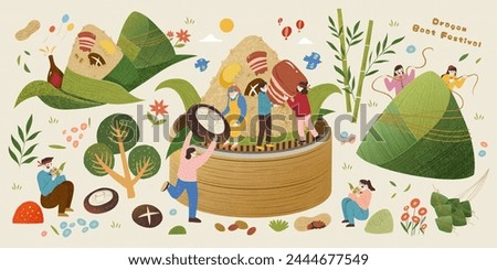 Duanwu zongzi elements of miniature people and food ingredient isolated on beige background