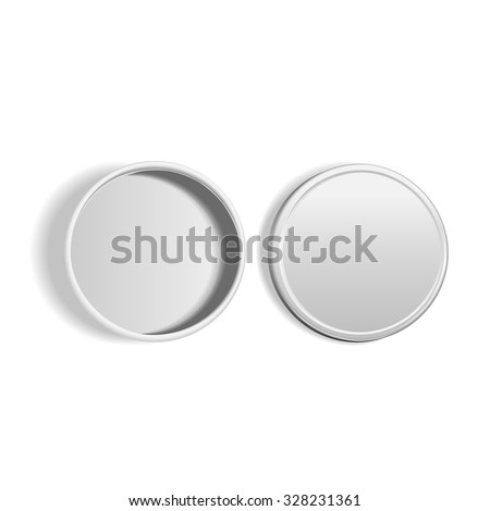 top view of open round metal box isolated on white background