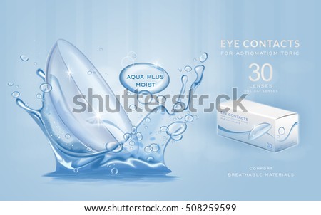 Eye contacts ads template, aqua plus contact lenses with water splashes. Product ads and package design in 3d illustration.