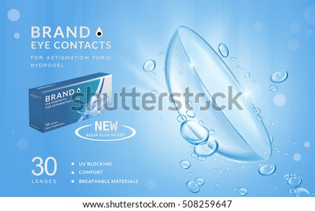 Eye contacts ads template, aqua plus contact lenses with water and air bubbles. Product ads and package design in 3d illustration.