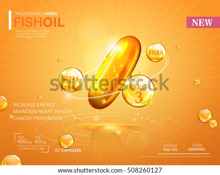 Fish oil ads template, omega-3 softgel isolated on chrome yellow background. 3D illustration.