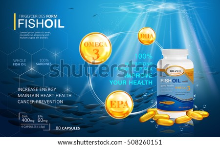 Fish oil ads template, omega-3 softgel with its package. Deep sea background. 3D illustration.