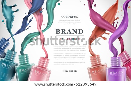 Colorful nail lacquer ads, nail polish splatter on white background, 3d illustration, vogue ads for design