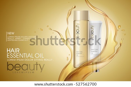 Golden hair oil ads, beautiful essential oil splashing on the cosmetic bottle in 3D illustration