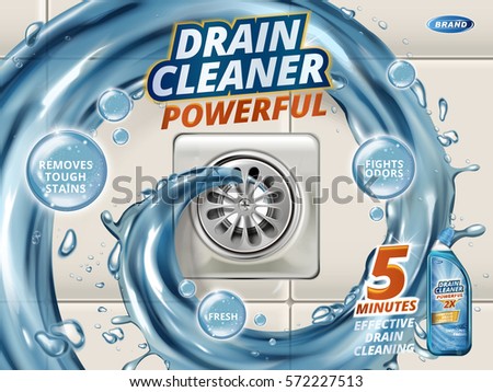 Drain cleaner ads, liquid flushing into drain, detergent bottle with effects written on bubbles isolated on floor in 3d illustration