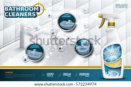 Bathroom cleaners ads, spray bottle with detergent liquid used for bathroom in 3d illustration, bubbles floating in the air