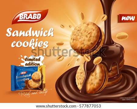 Sandwich chocolate cookies ad, flowing chocolate with cookies and nuts element, biscuit package design on orange background with glowing effect in 3d illustration