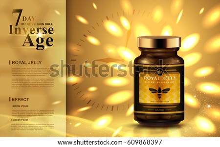 royal jelly ad with bright golden lights, clock background  3d illustration