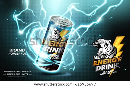 energy drink contained in metal can with electricity current element, teal background 3d illustration