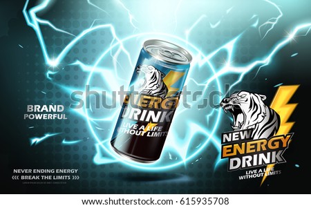 energy drink contained in metal can with electricity ring element, teal background 3d illustration