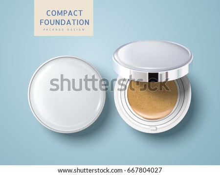 two blank cosmetic foundation cases, one half open, can be used as package design elements, isolated light blue background 3d illustration 