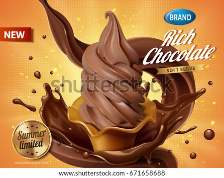 Chocolate soft serve ice cream ads, realistic soft serve with splash chocolate for summer in 3d illustration