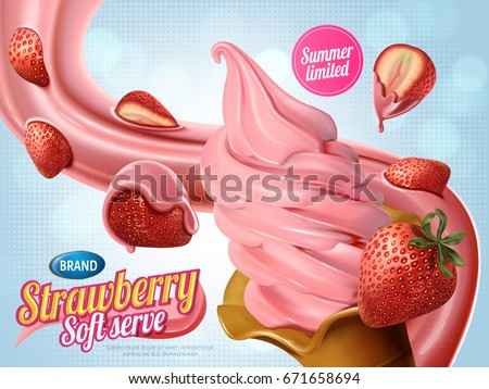 Strawberry soft serve ice cream ads, realistic soft serve with floating sauce and delicious fruits for summer in 3d illustration