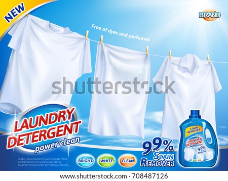 Laundry detergent ads, bright white clothes hanging out to dry with product package design in 3d illustration, good weather with sunshine