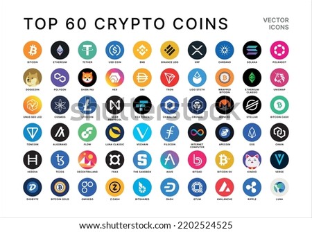 Cryptocurrency Token Logo Icon Set. Collection of Cryptocurrency Vector Icons. Trending 60 Crypto Coins. Top Crypto tokens including Bitcoin, Ethereum, Dogecoin, Tether, Cardano, Solana, XRP and more.