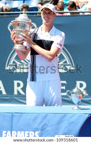 LOS ANGELES, CA - JULY 29: Sam Querrey celebrates winning the Farmers Classic presented by Mercedes-Benz at the LA Tennis Center on July 29, 2012 in Los Angeles, California.