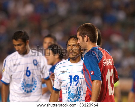 CARSON, CA. - JULY 3: Concacaf Gold Cup soccer match, Costa Rica vs. El Salvador at the Home Depot center in Carson. William Reyes and Gonzalo Segarews getting in position for a corner kick on July 3, 2009.