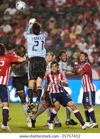 CARSON, CA. - AUGUST 22: Goal keeper Lance Parker punching the ball out of the box during the Chivas USA vs. Toronto FC match on August 22, 2009 at the Home Depot Center in Carson.