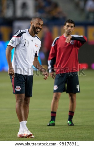 CARSON, CA. - MAY 7: New York Red Bulls F Thierry Henry #14 (L) & New York Red Bulls D Rafa Marquez #4 (R) before the MLS game on May 7 2011 at the Home Depot Center in Carson, CA.