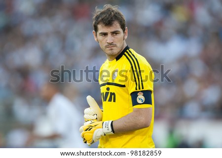 LOS ANGELES - JULY 16: Real Madrid C.F. G Iker Casillas #1 during the World Football Challenge game between Real Madrid & the Los Angeles Galaxy on July 16 2011 at the Los Angeles Memorial Coliseum in Los Angeles, CA.