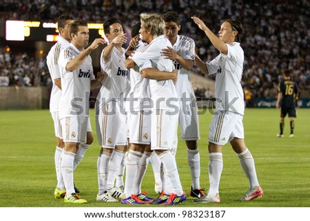 LOS ANGELES - JULY 16: Real Madrid celebrate a goal during the World Football Challenge game on July 16 2011 at the Los Angeles Memorial Coliseum in Los Angeles.