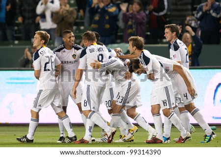 CARSON, CA. - MAY 14: Los Angeles Galaxy celebrate a goal scored off a free kick during the MLS game on May 14, 2011 at the Home Depot Center in Carson, CA.