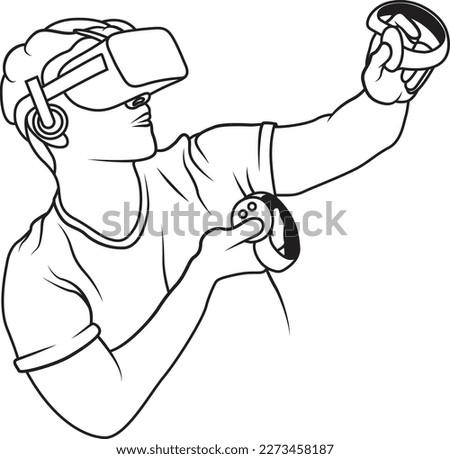 Person in virtual reality headset. VR headset googles. Virtual reality line art icon, symbols, logos, drawings, illustrations, signs, doodles for web, business, online. Vector illustration