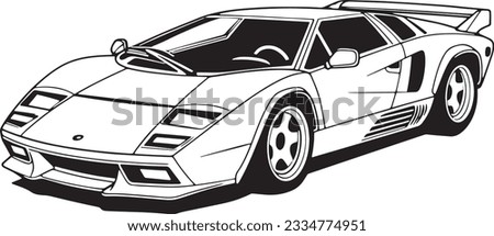 Coloring page vector line art for book and drawing. High speed drive vehicle. Old retro Lamborgini sports car. Black contour sketch illustrate Isolated on white background. Stroke without fill