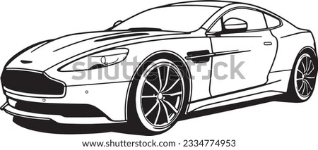 Outline drawing of a cartoon Aston Martin car, sport car from side and front view. Vector doodle illustration, design for coloring book or print, race vehicle