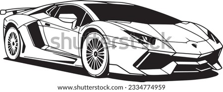Outline drawing of fast Lamborgini car, sport car from side and front view. Vector doodle illustration, design for coloring book or print
