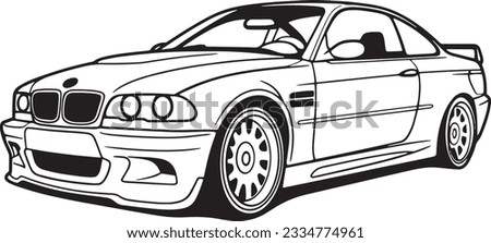 Outline drawing of a bmw car, sport car from side and front view. Vector doodle illustration, design for coloring book or print, racing sports car