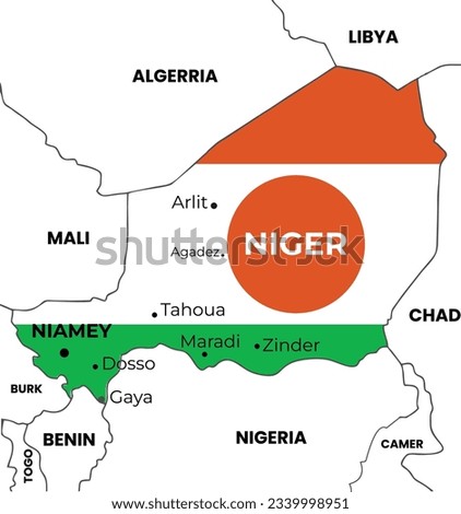 Niger Flag Map with colors and details of cities on the map 