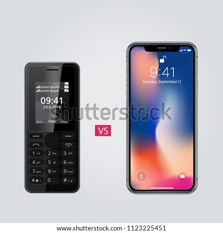 Realistic device mockup, new smartphone vs old simple phone, vector illustration