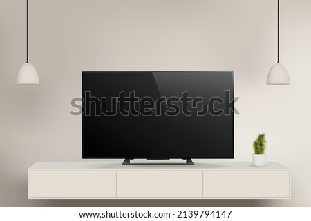 Modern TV set on cabinet in luxery room, vector illustration