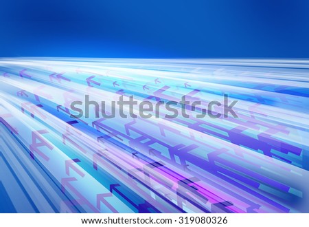 Purple and white direction arrows moving fast through virtual lines on blue background.