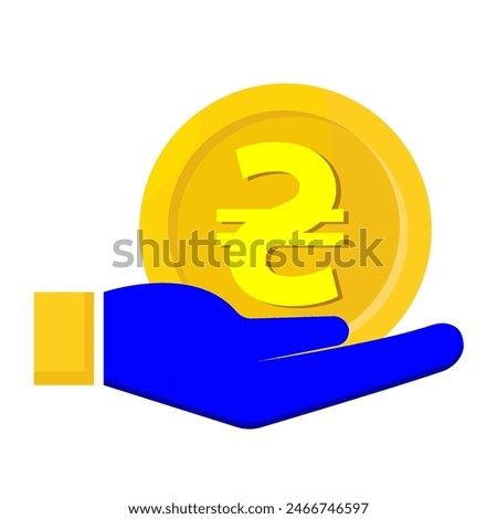 Design of Ukrainian currency hryvnia in hand in flat style. Gold coin with a pictogram in hand in blue and yellow colors on a white background. Can be used as a logo or icon