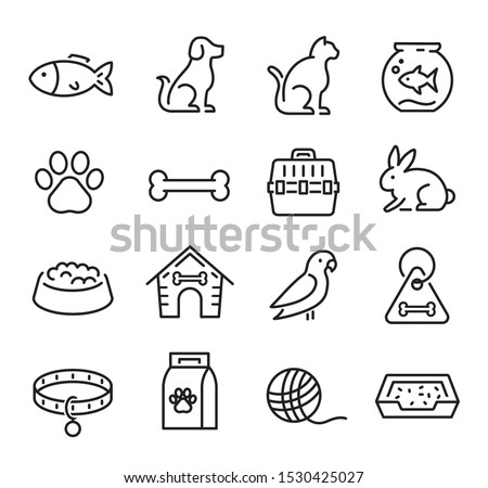 Collection of thin line icons representing animals, pets and veterinary healthcare